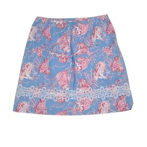 Key West Blue and Pink Monkey Patterned Women's Lace Embroidered Skirt Size 8